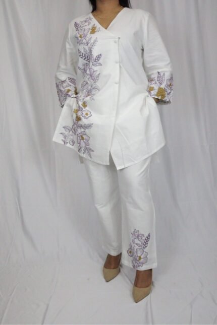 White Asymmetric Co-ord Set with Floral Embroidery