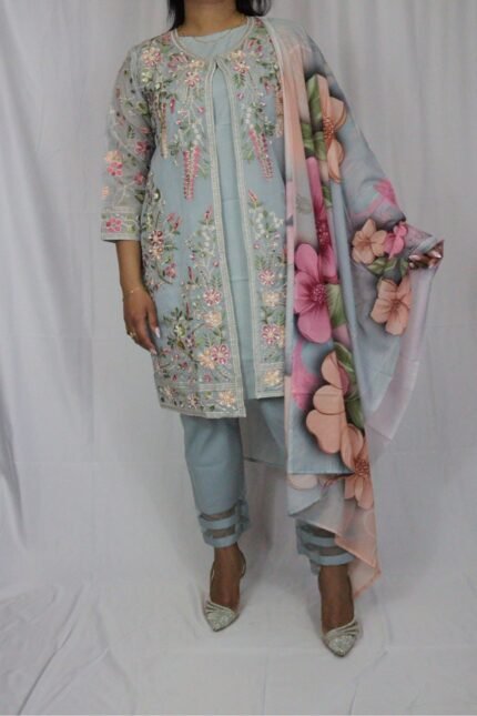 Powder Blue Mirror & Floral Jacket Suit Set